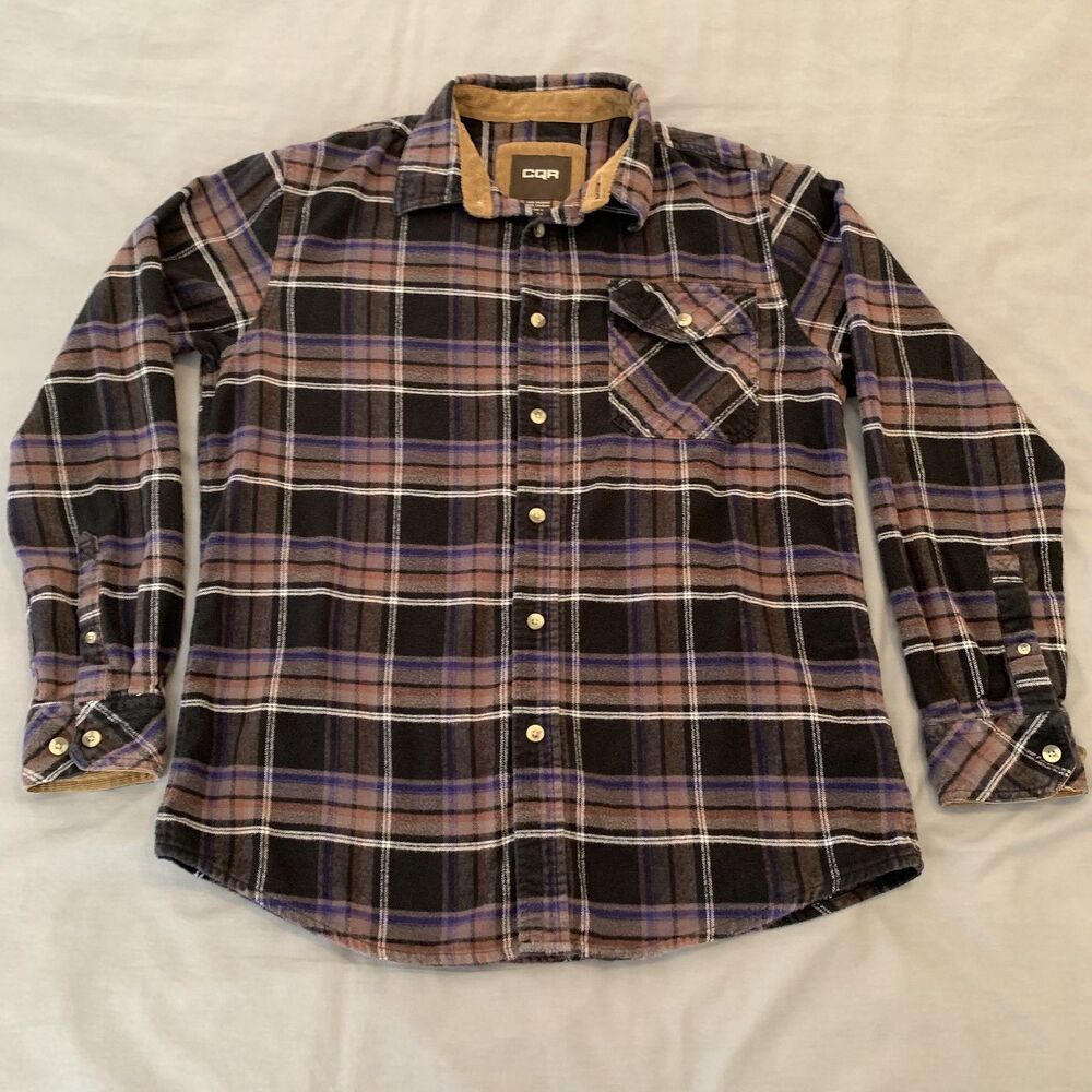 CQR Shirt Mens Medium Black Purple Plaid Flannel Button Down Workwear‎ Casual